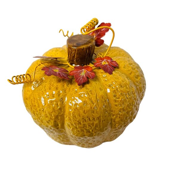 Ceramic Pumpkin Decor Autumn Leaves Curly Vines Harvest Wire Branches 7" x 8" - Picture 3 of 7